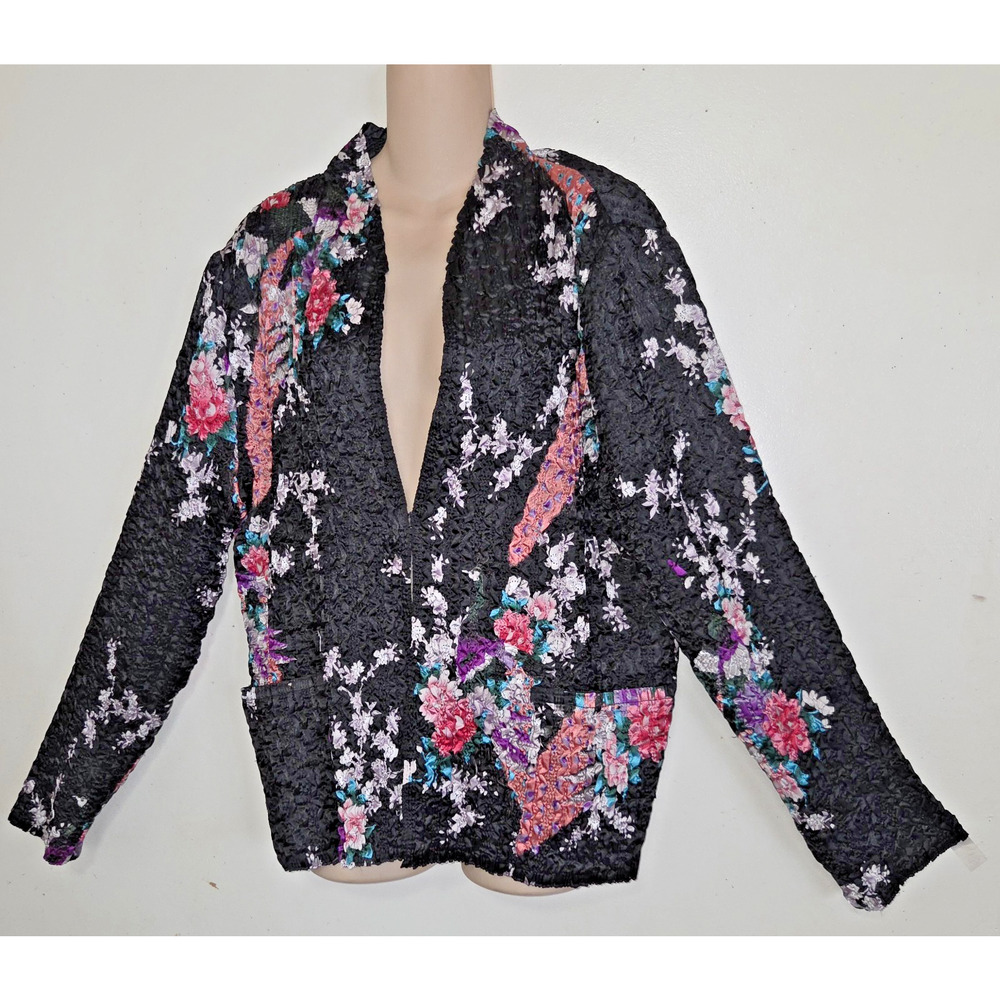 Asian Inspired Floral Top Jacket XL Reversible Textured Crinkle Super Stretchy